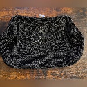 Black Beaded Evening Clutch - Elegant Floral Pattern